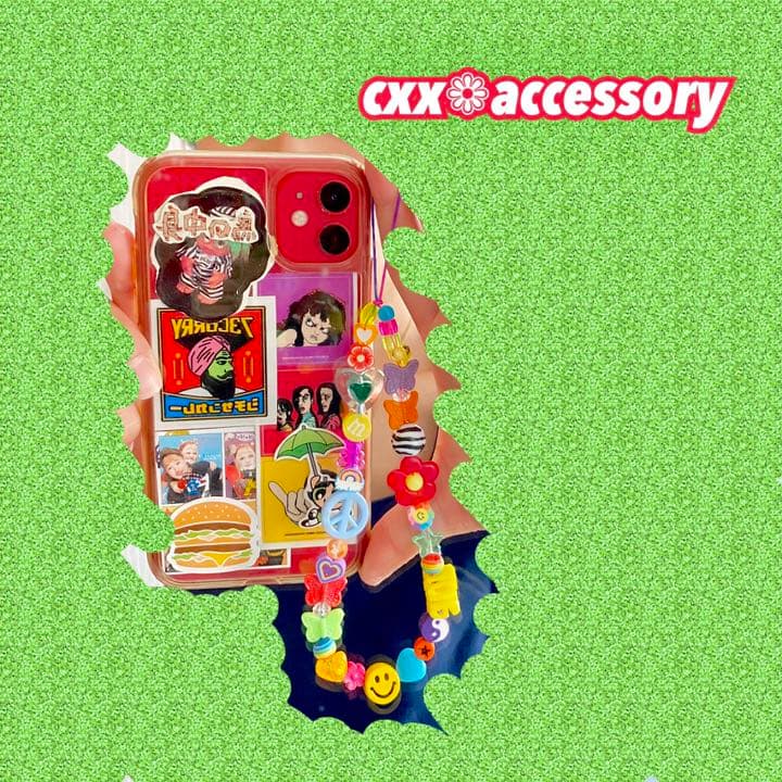 【s-55】ビーズストラップ スマホ❁ニコちゃん カラフル 個性的古着韓国