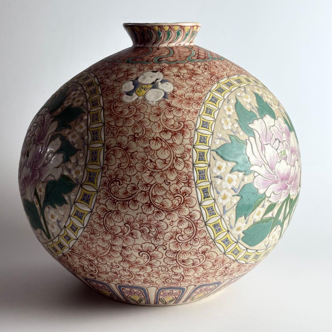 古美術 染錦 赤絵 在銘 詳細不明 花瓶 古陶美術品 壺 花器