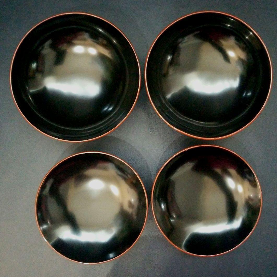 極美品 輪島塗 木製 吸物椀2客 朱漆内黒 沈金菊花文 煮物椀
