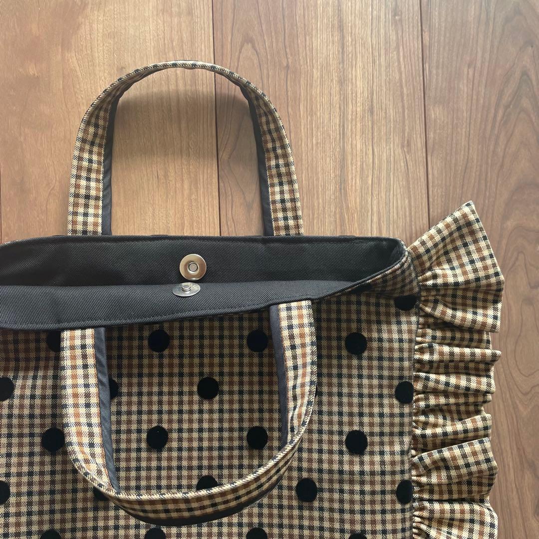 ハンドメイド ♡ フリルバッグ フリフリトート フロッキードット オジ生地
