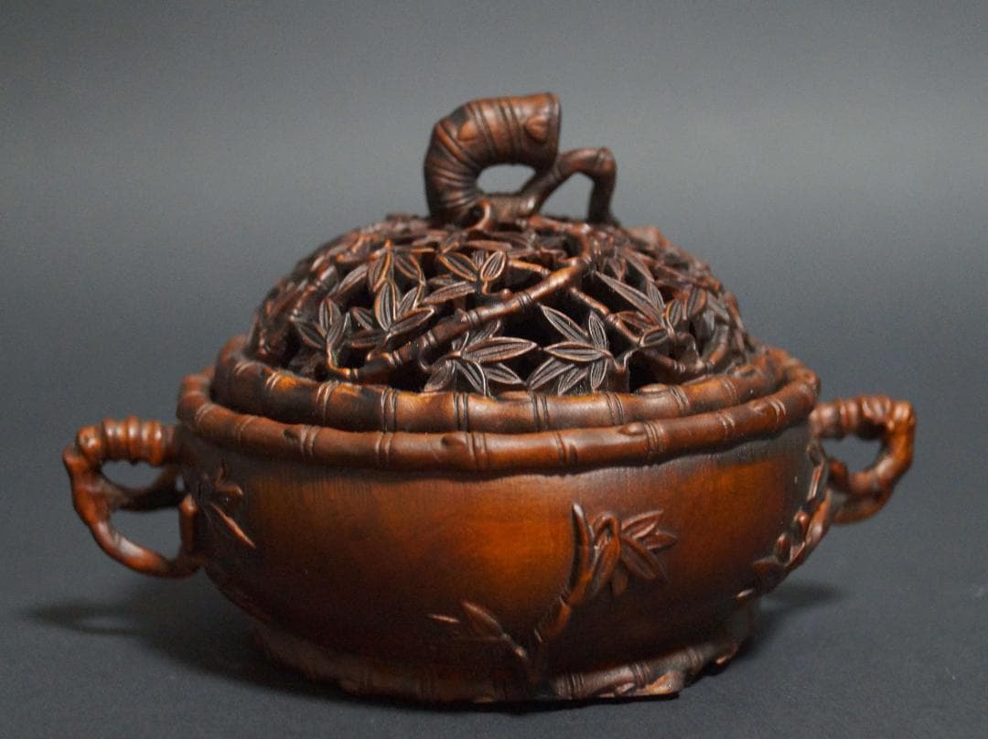 オールド柘植 つげ 黄楊木 細工透かし彫り『竹文』双耳香炉 装飾品 手彫り茶道具