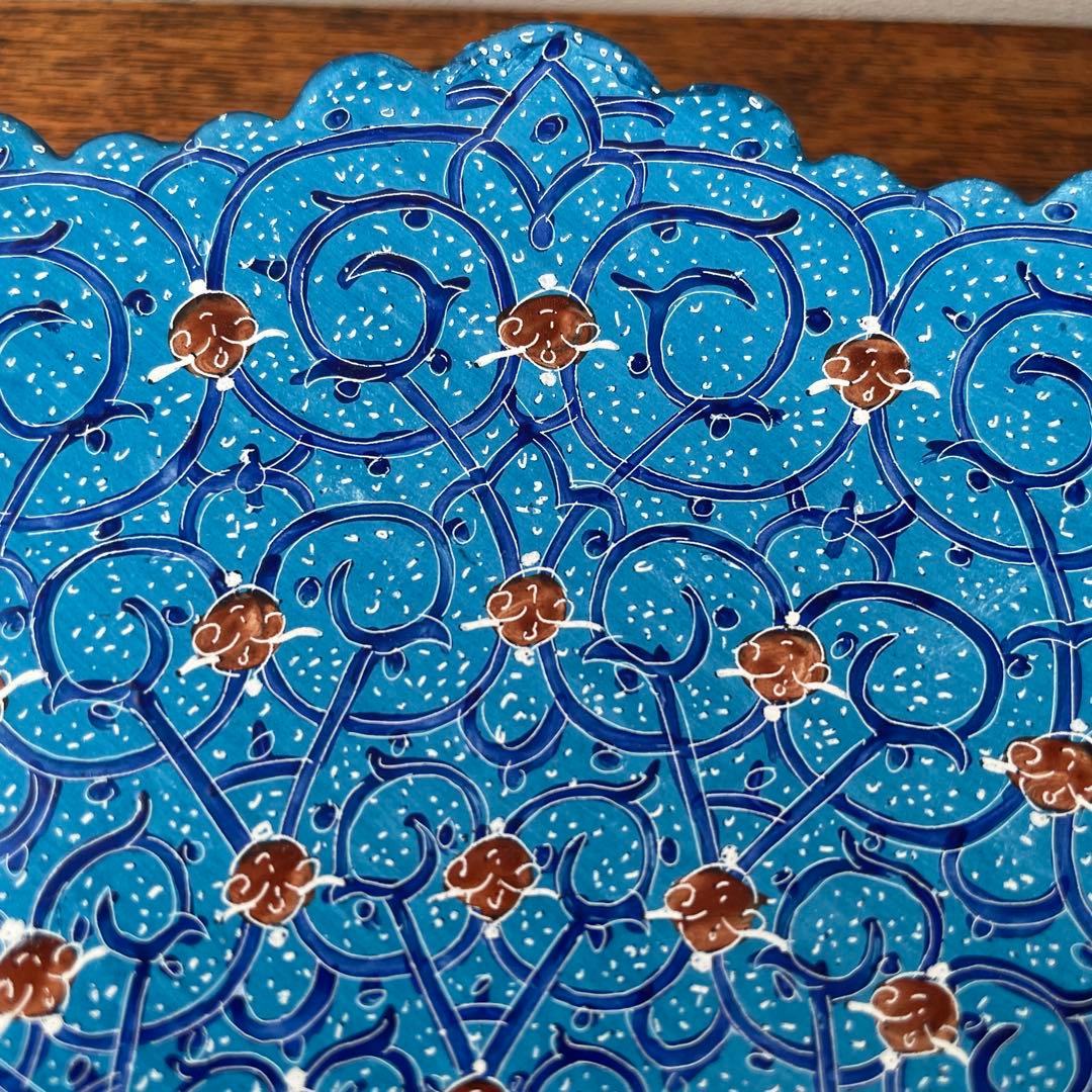 イラン　細密画　ミーナカーリー　ブルー　大皿　飾り皿　ハンドペイント　手描き