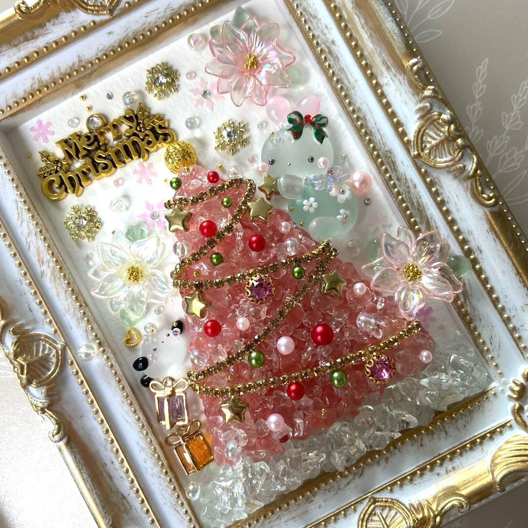 ♡ポインセチア降る夜のピンクツリー♡ガラス シーグラスアート クリスマス うさぎ