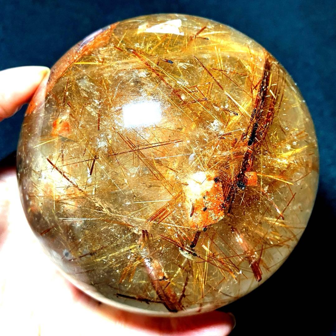 超特大　95mm ゴールドルチルクォーツ　丸玉スフィア　金針水晶