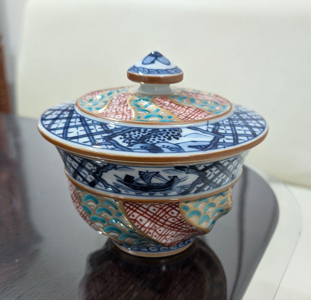 清水焼　京泉造　祥瑞　蓋付汲出茶碗　5客　共箱　逸品