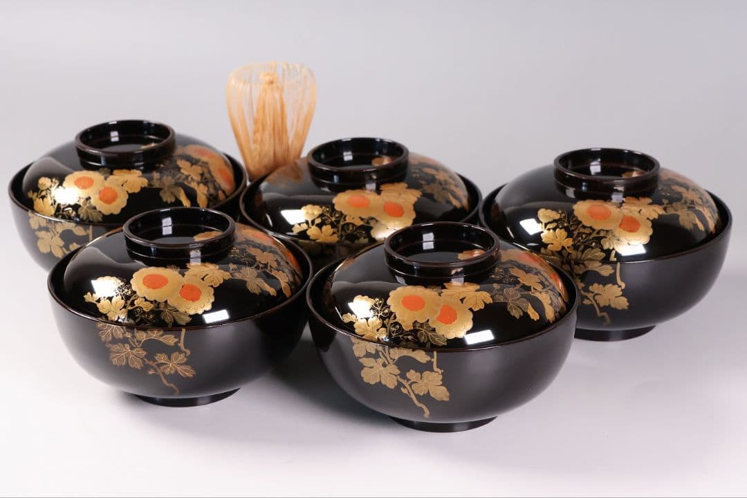 【CM434】天然木漆塗 菊金蒔絵 笹 黒塗椀五客 大正昭和 / (検)輪島加賀